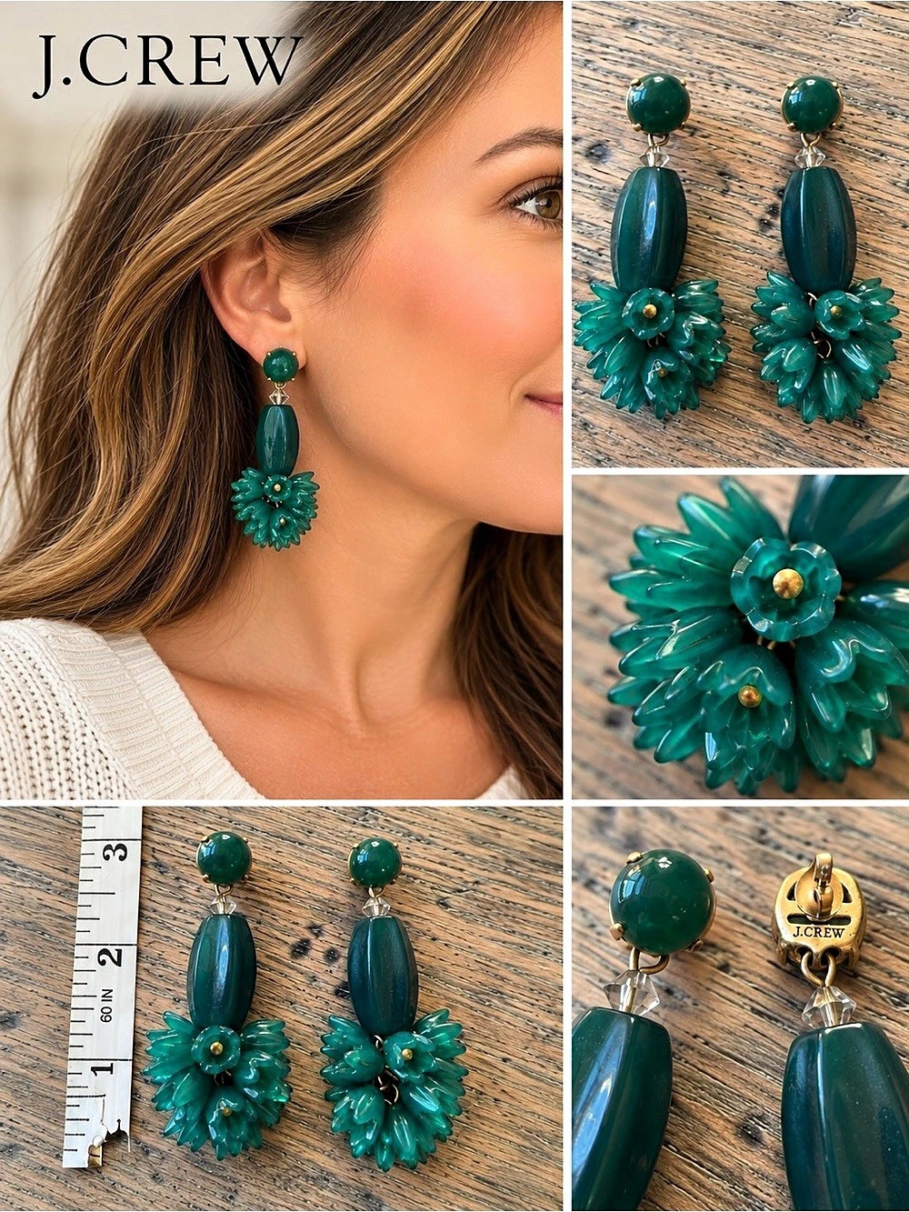 J.Crew Green Floral Statement Drop Earrings Gold Tone Beaded Cluster